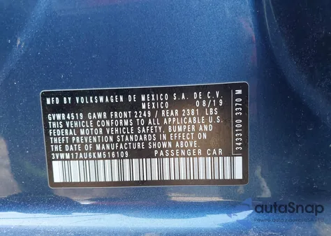 2019 Volkswagen Golf Alltrack z USA, uszkodzony, nr VIN 3VWM17AU6KM516109